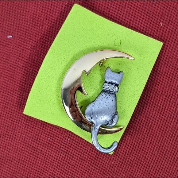 Vintage cat brooch gold metal rhinestone collar - Picture 3 of 4